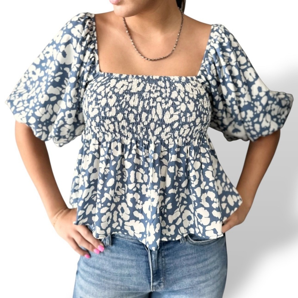 By Together Medium Blouse Top Smocked Abstract Floral Blue Cream Square Neckline